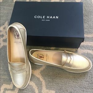 Cole Haan Gold Metallic Leather Weekender Loafers